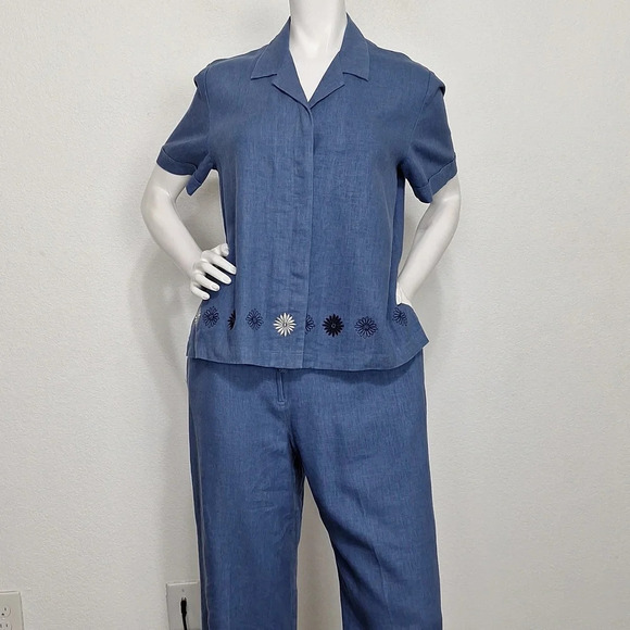Vintage Sag Harbor Chambray Linen Blend Coastal Grandmacore Top & Pants Set *10P - Picture 1 of 12